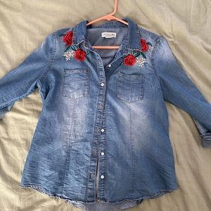 Denim Button Down With Floral Embroidery